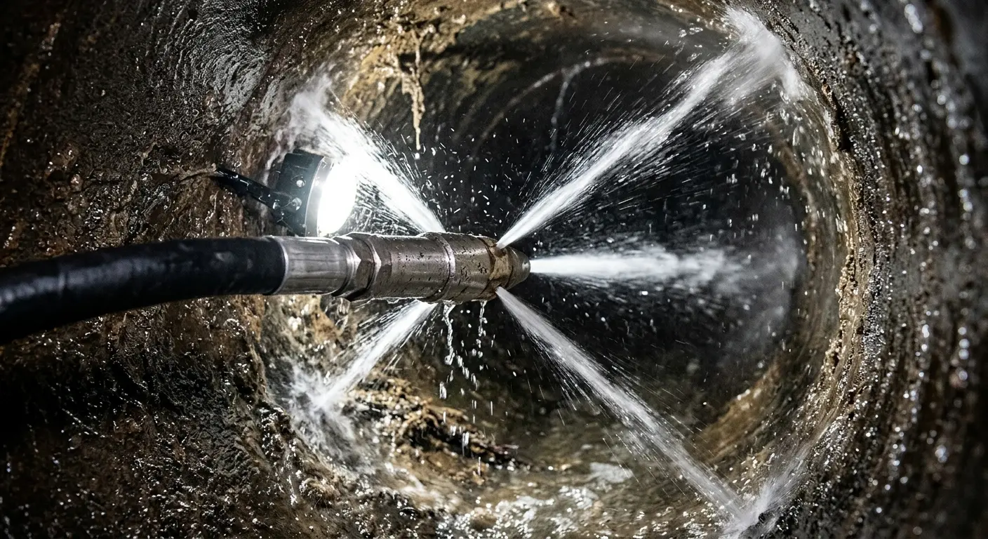 High-pressure hydro jetting nozzle cleaning sewer pipe for Sewer Cleanout in Grosse Pointe