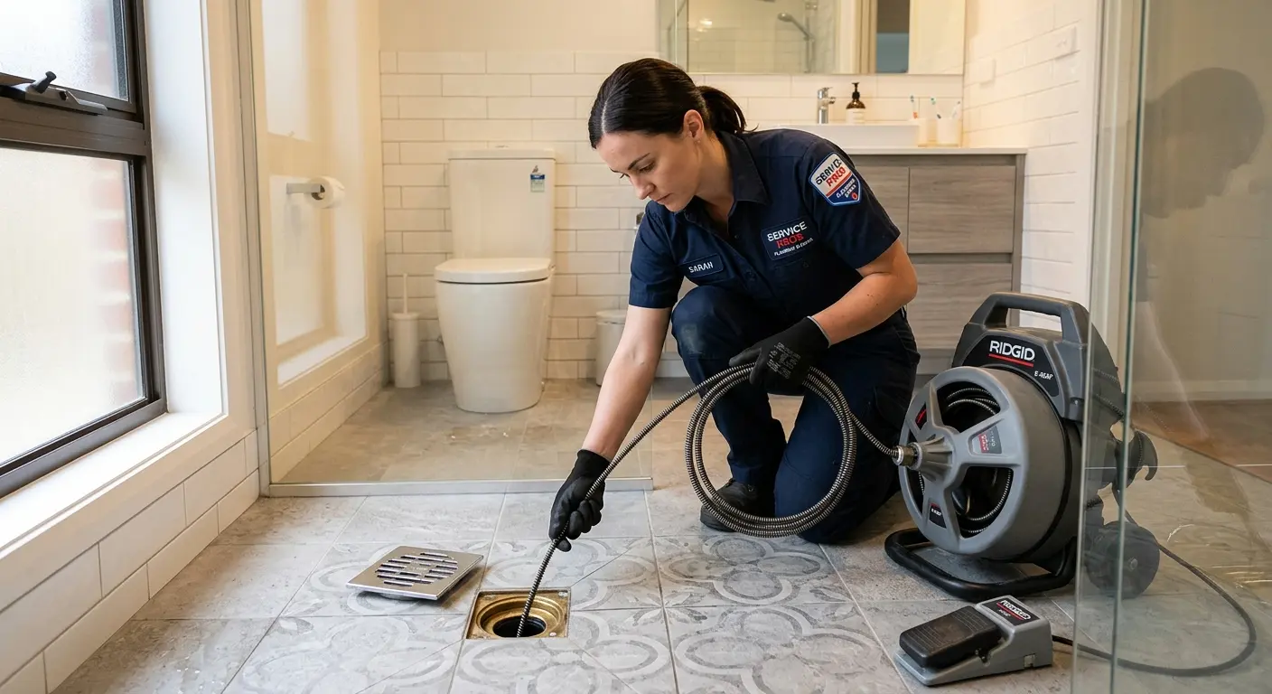 Technician clearing a bathroom floor drain for Hydro Jetting in Grosse Pointe